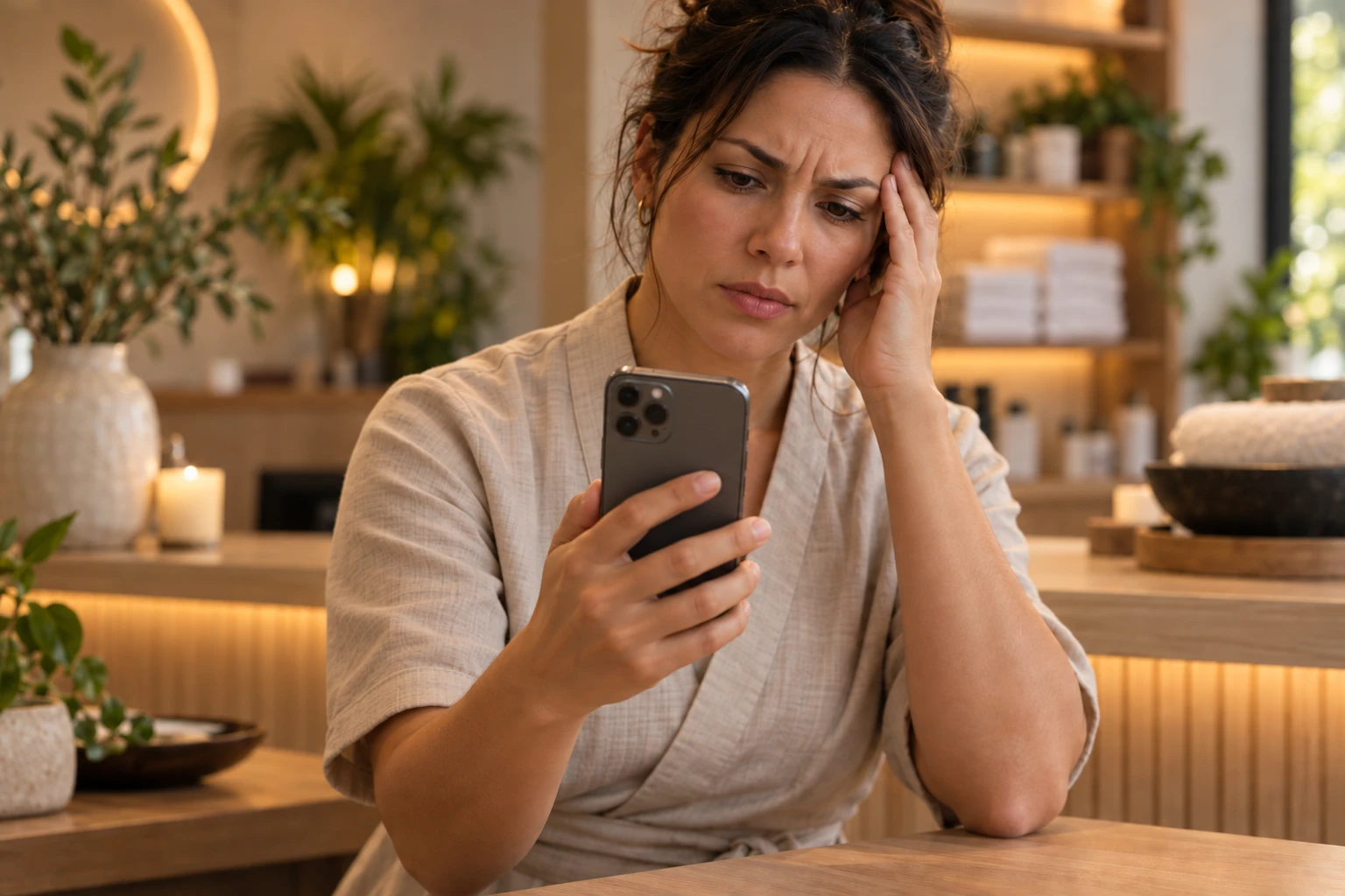 A worried spa owner checking her phone