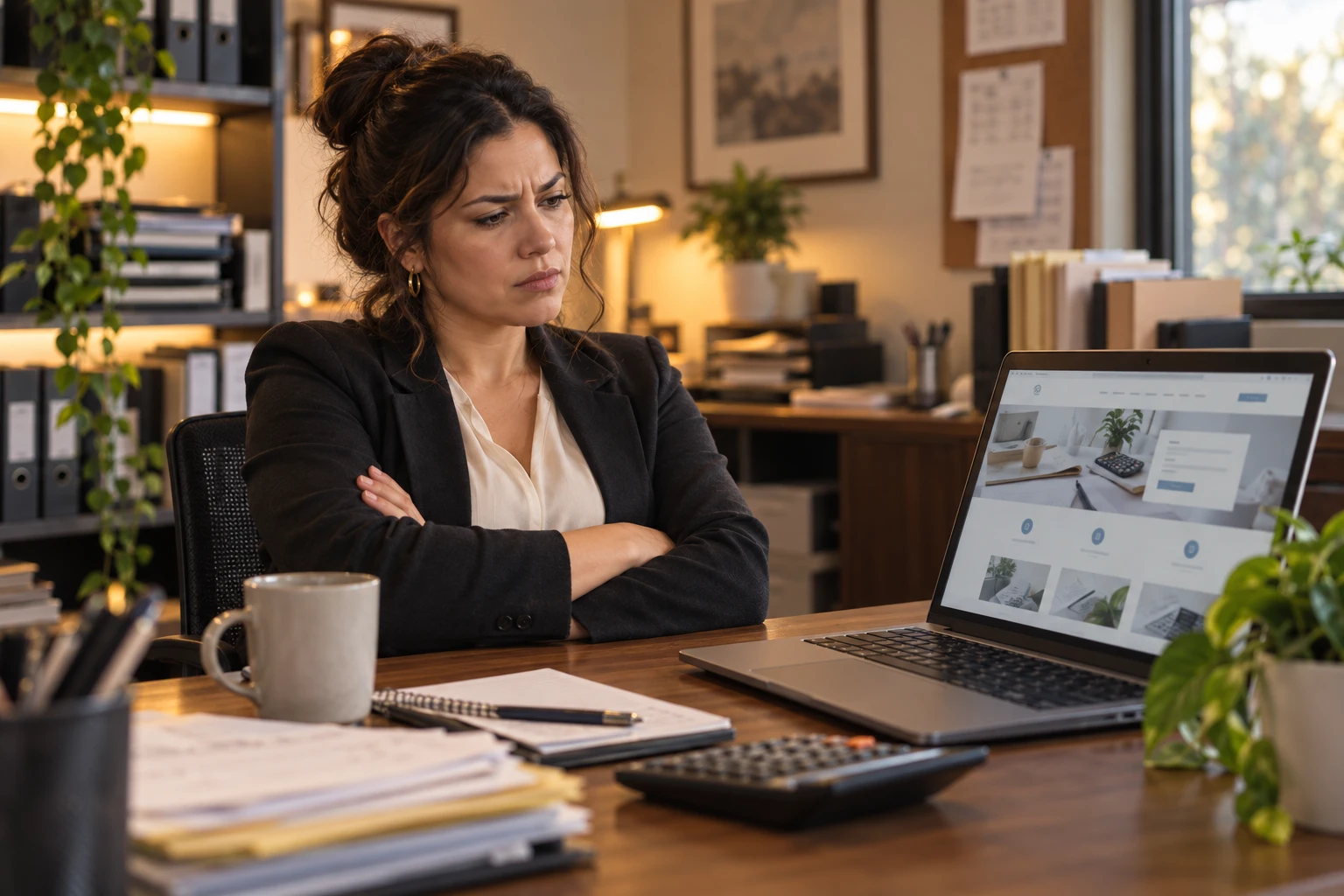 A business owner frowning at her website on a laptop