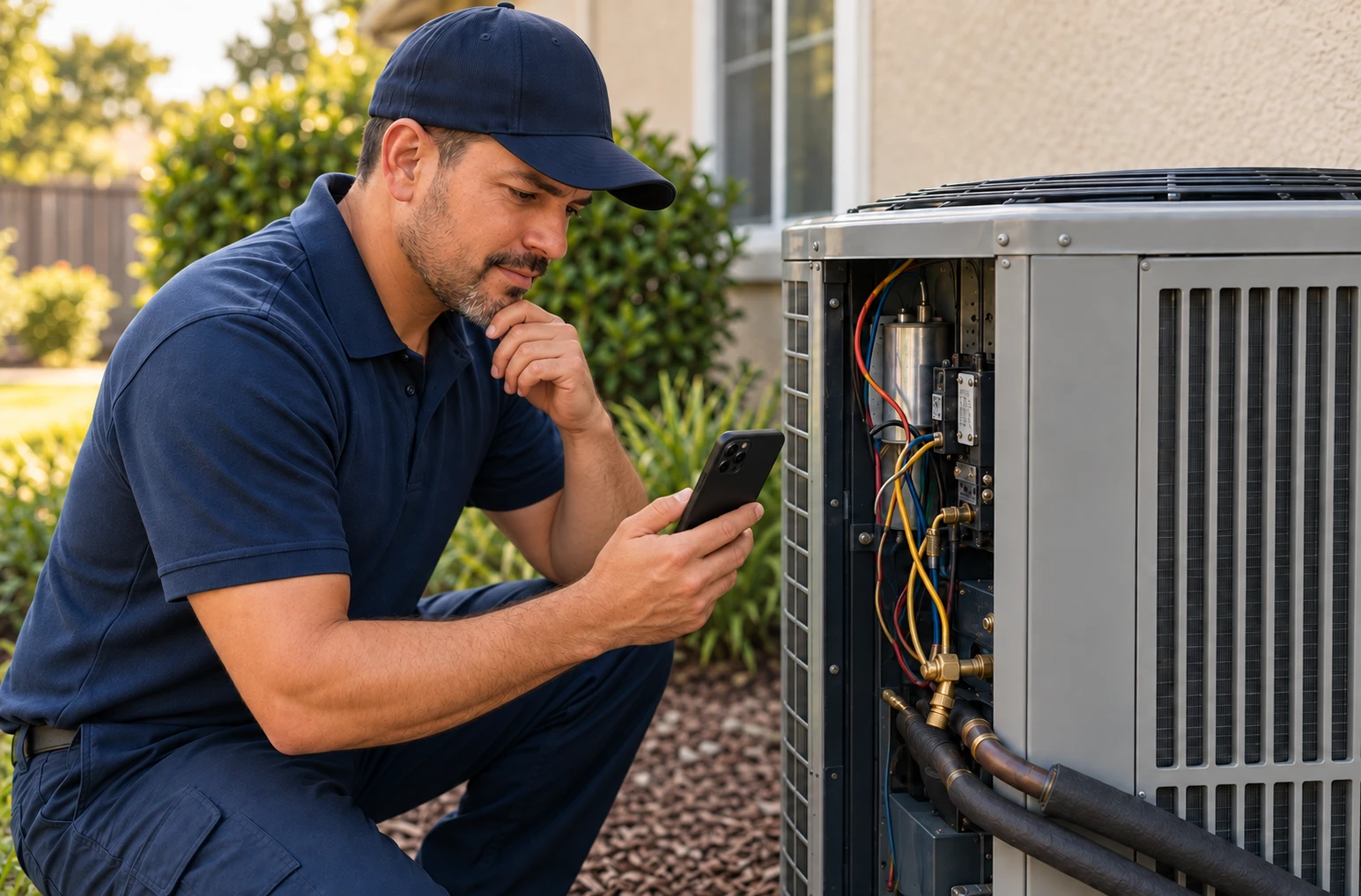 An HVAC technician checking his phone next to an air conditioning unit